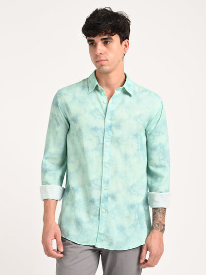 Digital Print Linen Blend Shirt Sky blue