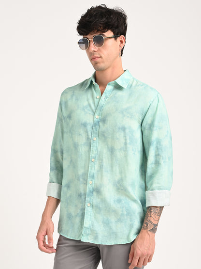 Digital Print Linen Blend Shirt Sky blue