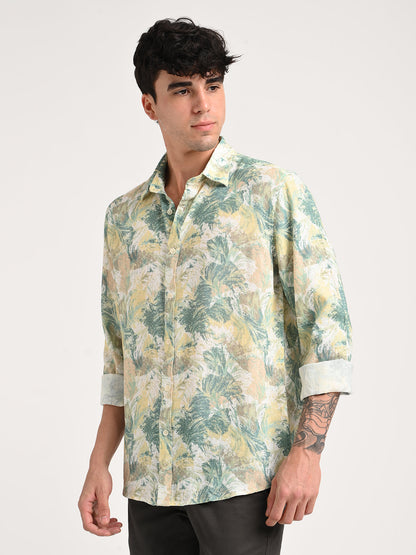 Digital Print Linen Blend Shirt Cream