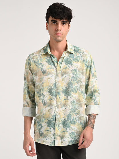 Digital Print Linen Blend Shirt Cream