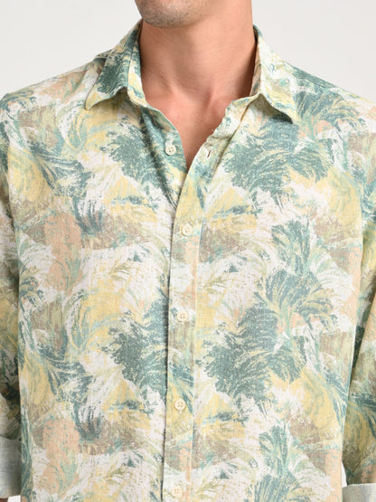 Digital Print Linen Blend Shirt Cream