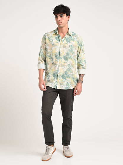 Digital Print Linen Blend Shirt Cream