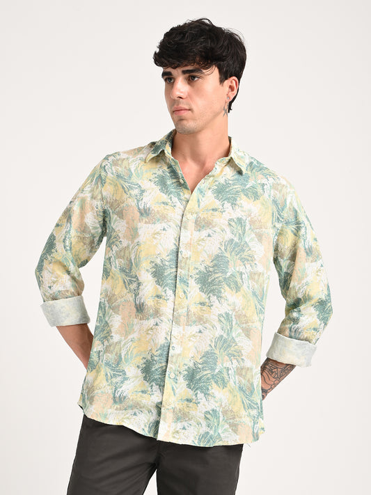 Digital Print Linen Blend Shirt Cream