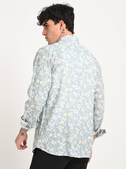 Digital Print Linen Blend Shirt Grey