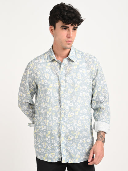 Digital Print Linen Blend Shirt Grey