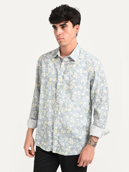 Digital Print Linen Blend Shirt Grey