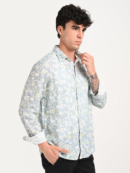 Digital Print Linen Blend Shirt Grey
