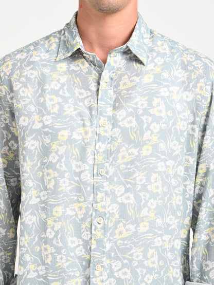 Digital Print Linen Blend Shirt Grey