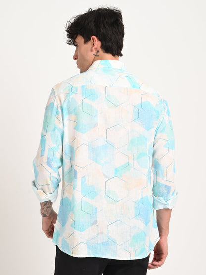 Digital Print Linen Blend Shirt Lt Blue