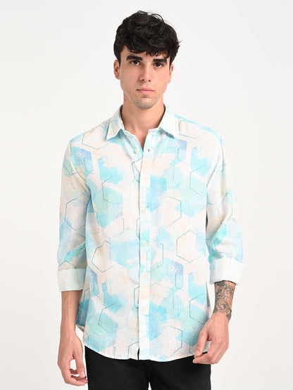 Digital Print Linen Blend Shirt Lt Blue