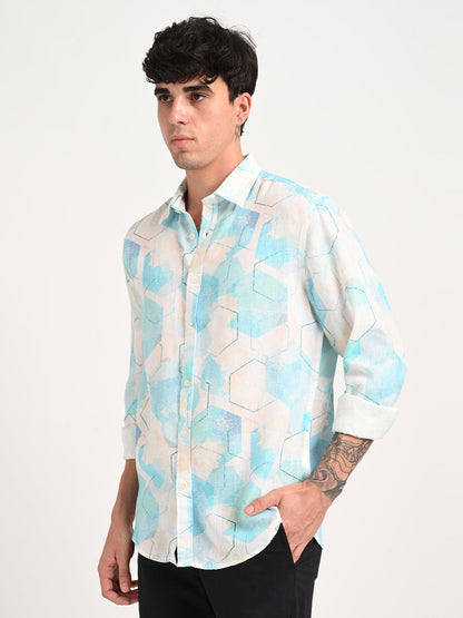 Digital Print Linen Blend Shirt Lt Blue