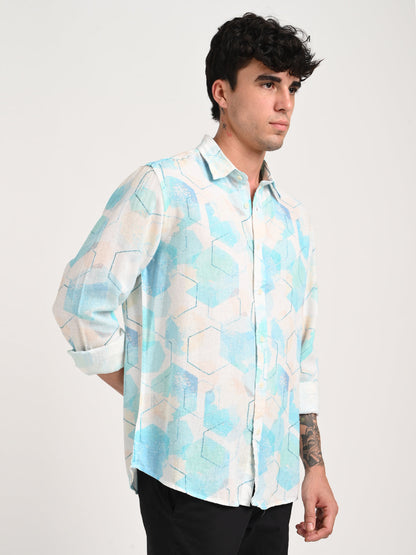 Digital Print Linen Blend Shirt Lt Blue