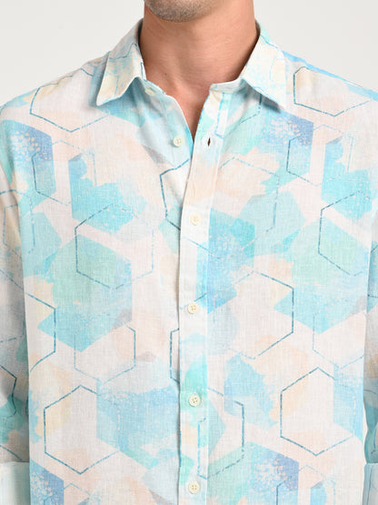 Digital Print Linen Blend Shirt Lt Blue