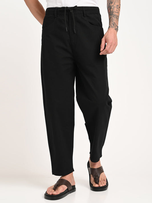 Relaxed Cotton Trousers with Drawcord Black