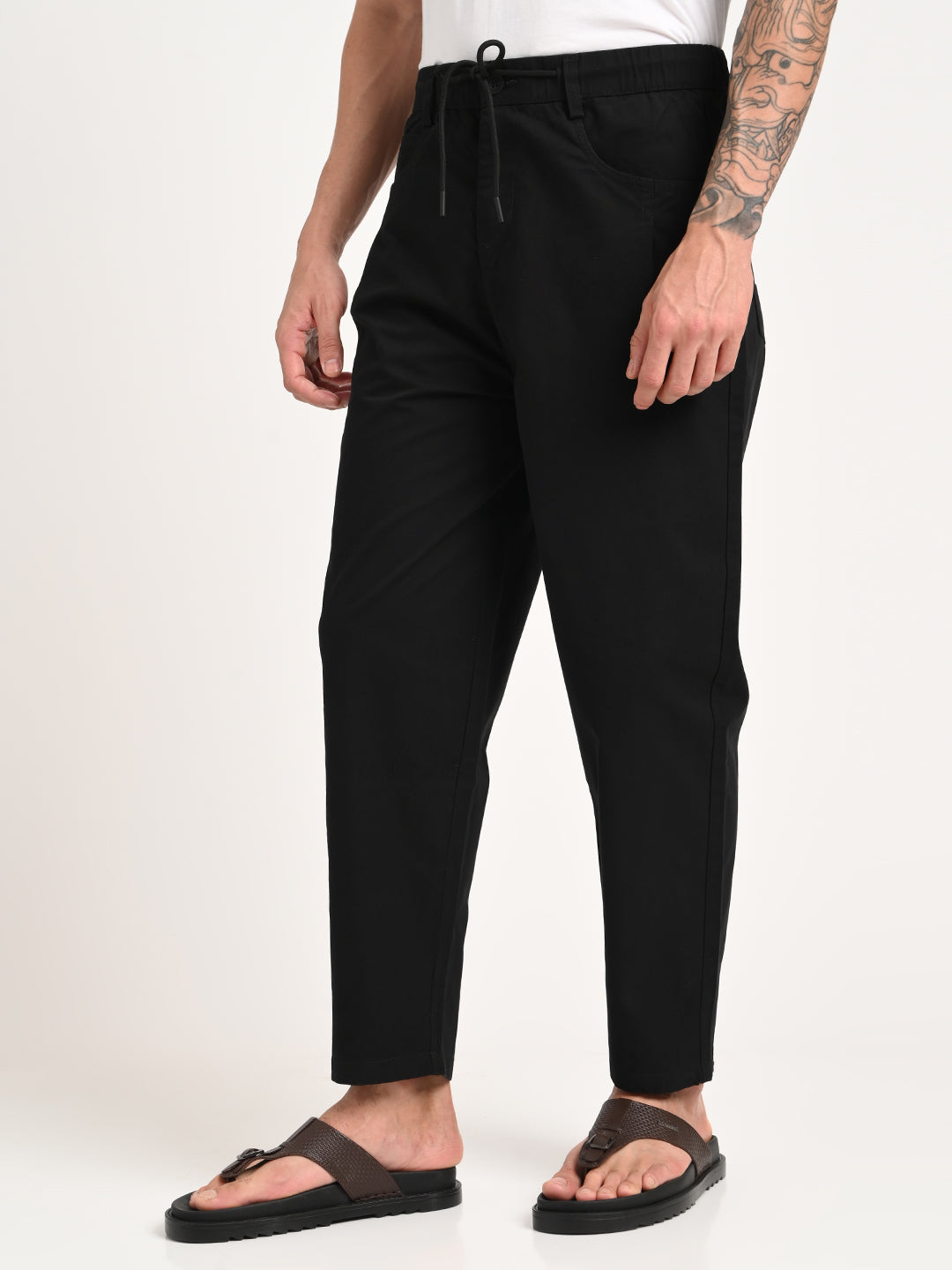 Relaxed Cotton Trousers with Drawcord Black