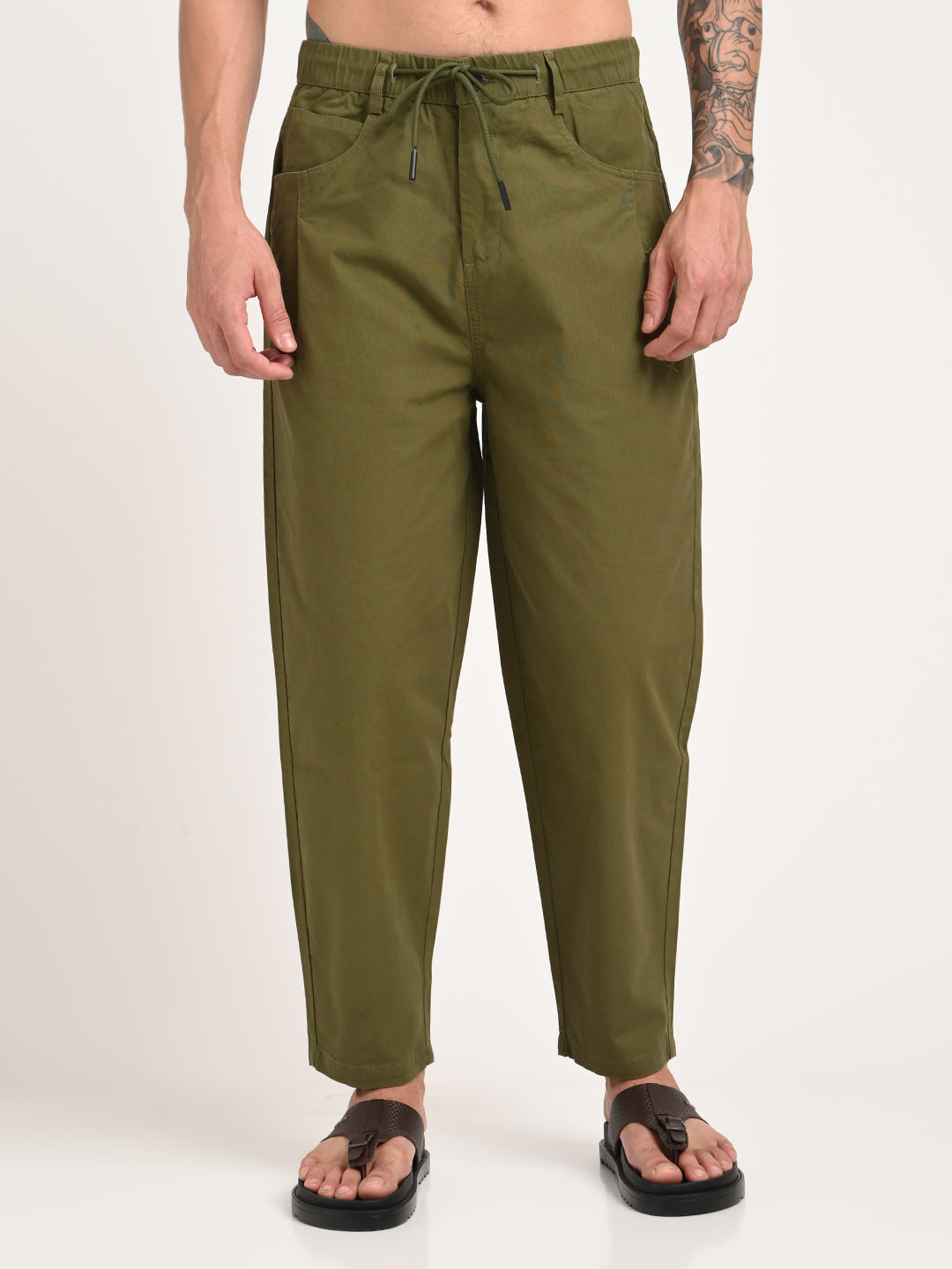 Relaxed Cotton Trousers with Drawcord Green