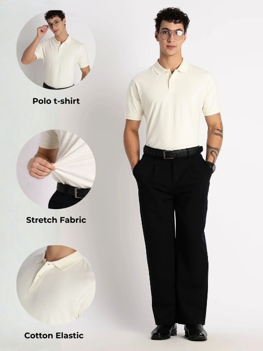 Premium Stretch Cotton Slim Fit Polo T-Shirt Cream