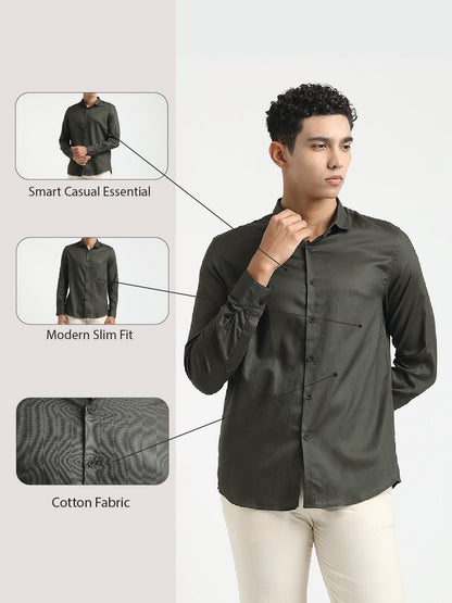 Textured Cotton Shirt with Dobby Weave Olive