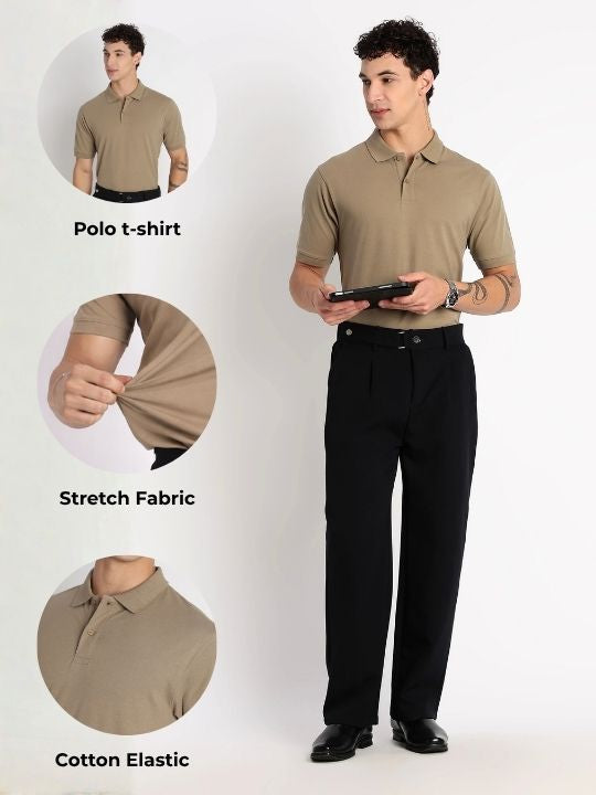 Premium Stretch Cotton Slim Fit Polo T-Shirt Khaki