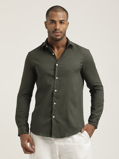 Slim Fit Cotton-Poly Lycra Blend Shirt Dk Green