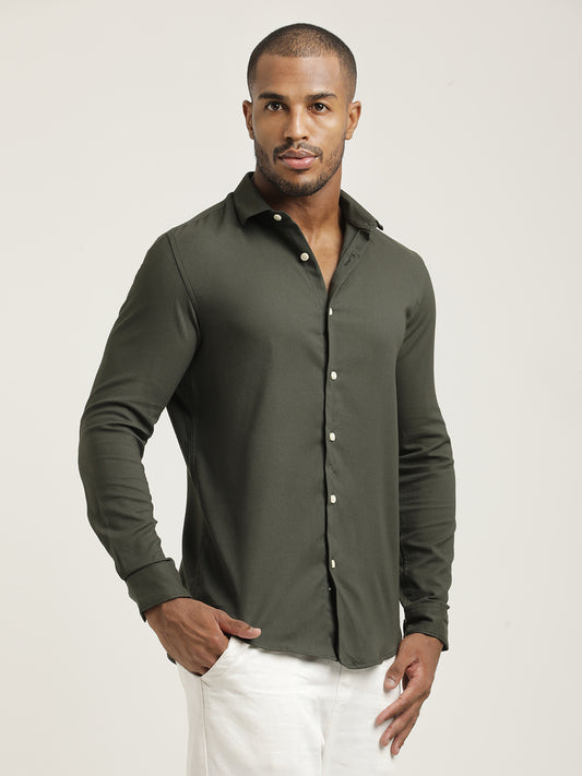 Slim Fit Cotton-Poly Lycra Blend Shirt Dk Green