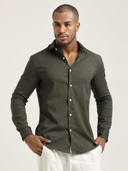 Slim Fit Cotton-Poly Lycra Blend Shirt Dk Green