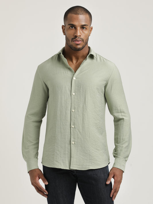Slim Fit Nylon Shirt with Linen Look Green