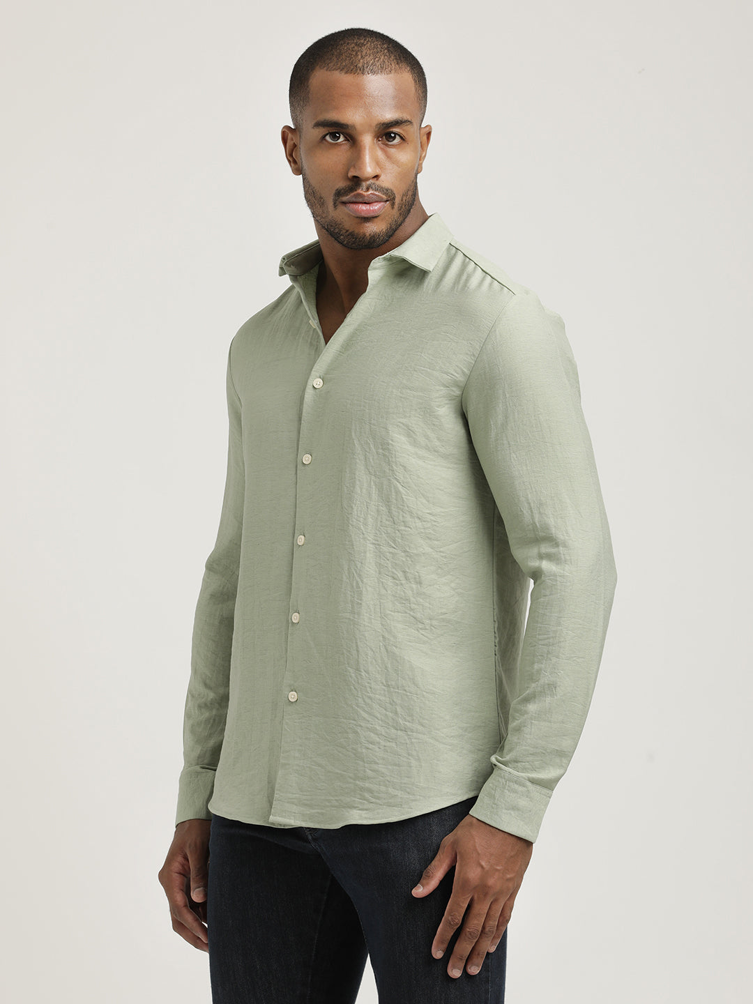 Slim Fit Nylon Shirt with Linen Look Green