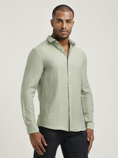 Slim Fit Nylon Shirt with Linen Look Green