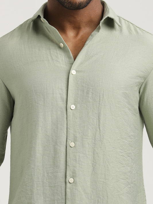 Slim Fit Nylon Shirt with Linen Look Green