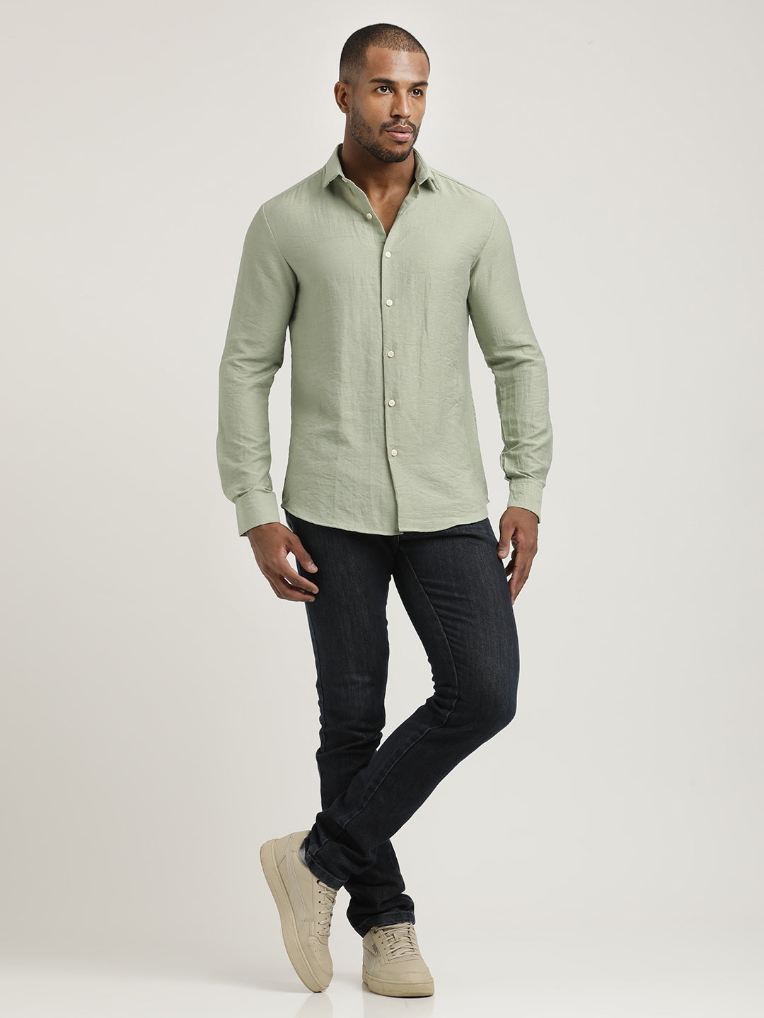 Slim Fit Nylon Shirt with Linen Look Green
