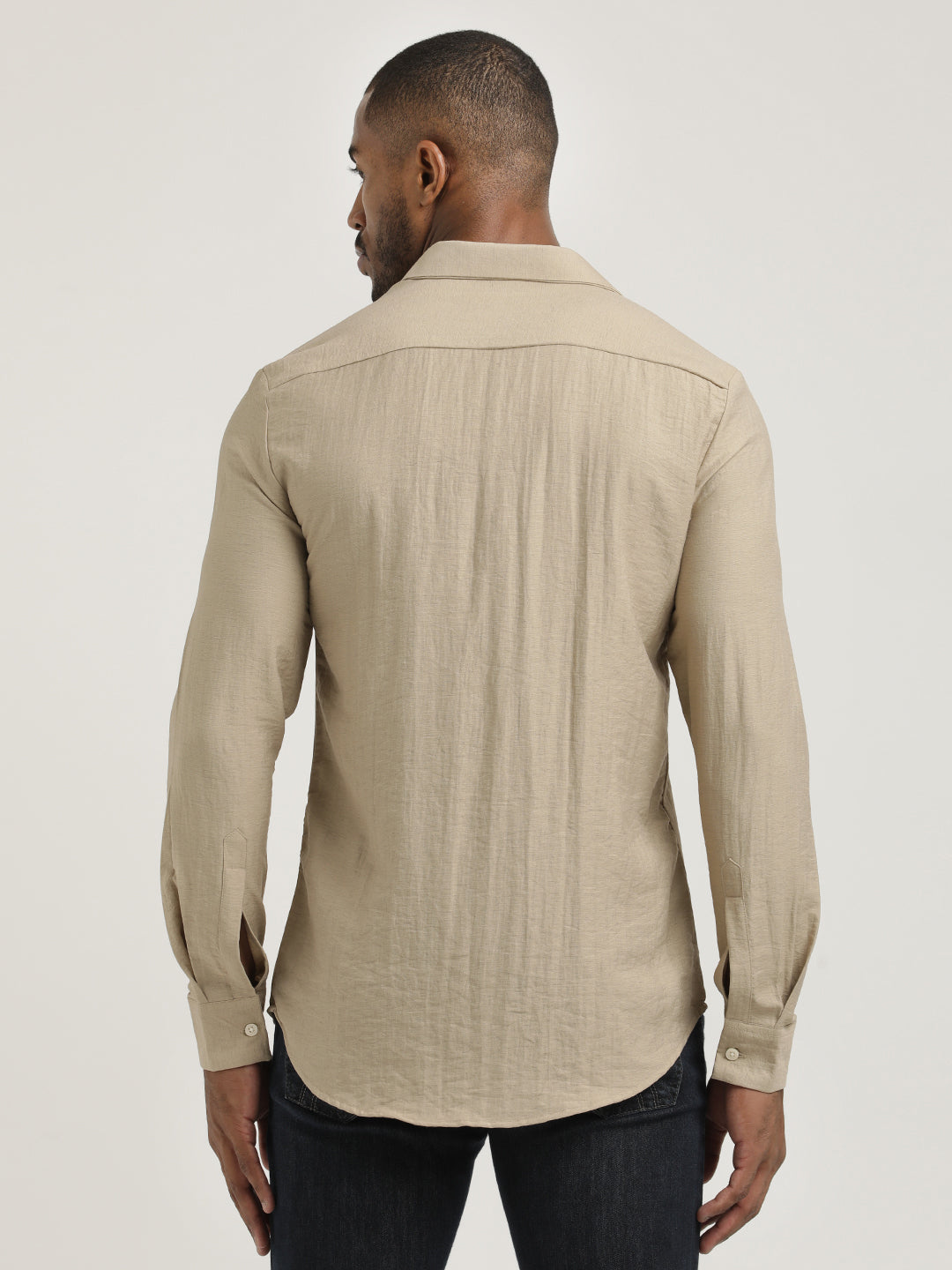 Slim Fit Nylon Shirt with Linen Look Cream