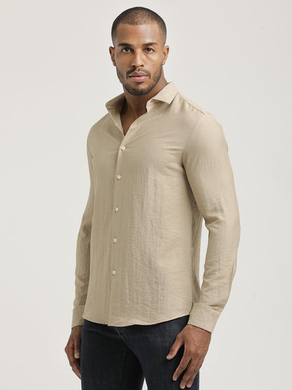 Slim Fit Nylon Shirt with Linen Look Cream