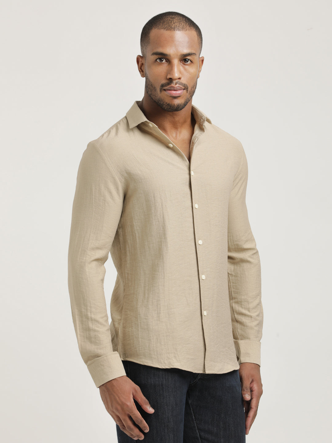 Slim Fit Nylon Shirt with Linen Look Cream