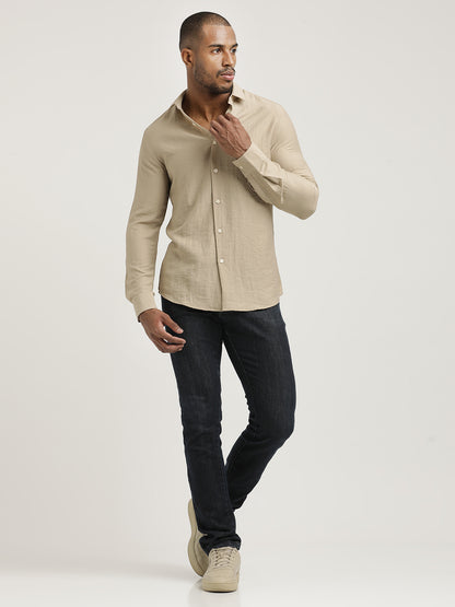 Slim Fit Nylon Shirt with Linen Look Cream