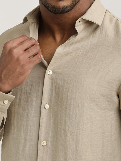 Slim Fit Nylon Shirt with Linen Look Cream