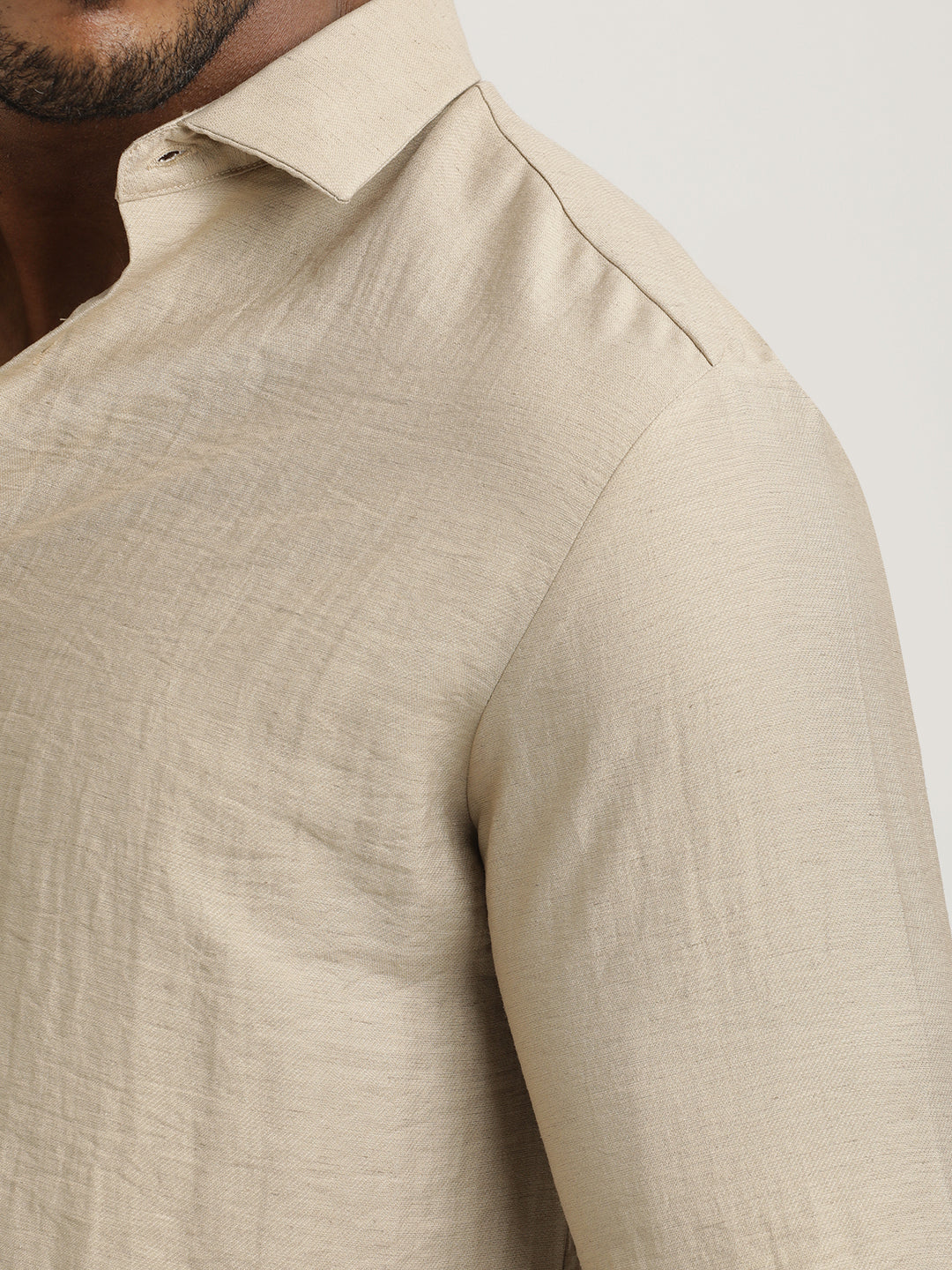 Slim Fit Nylon Shirt with Linen Look Cream