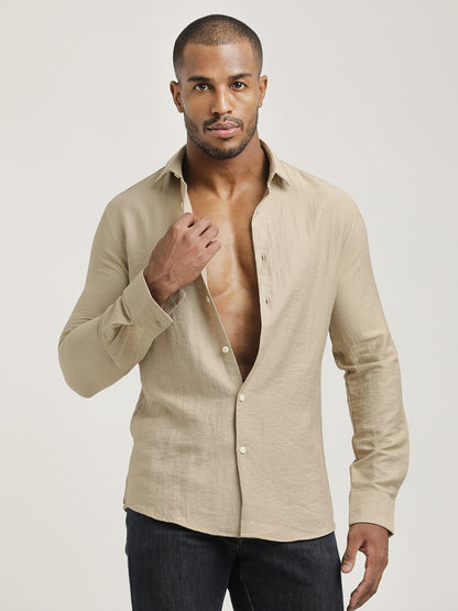 Slim Fit Nylon Shirt with Linen Look Cream