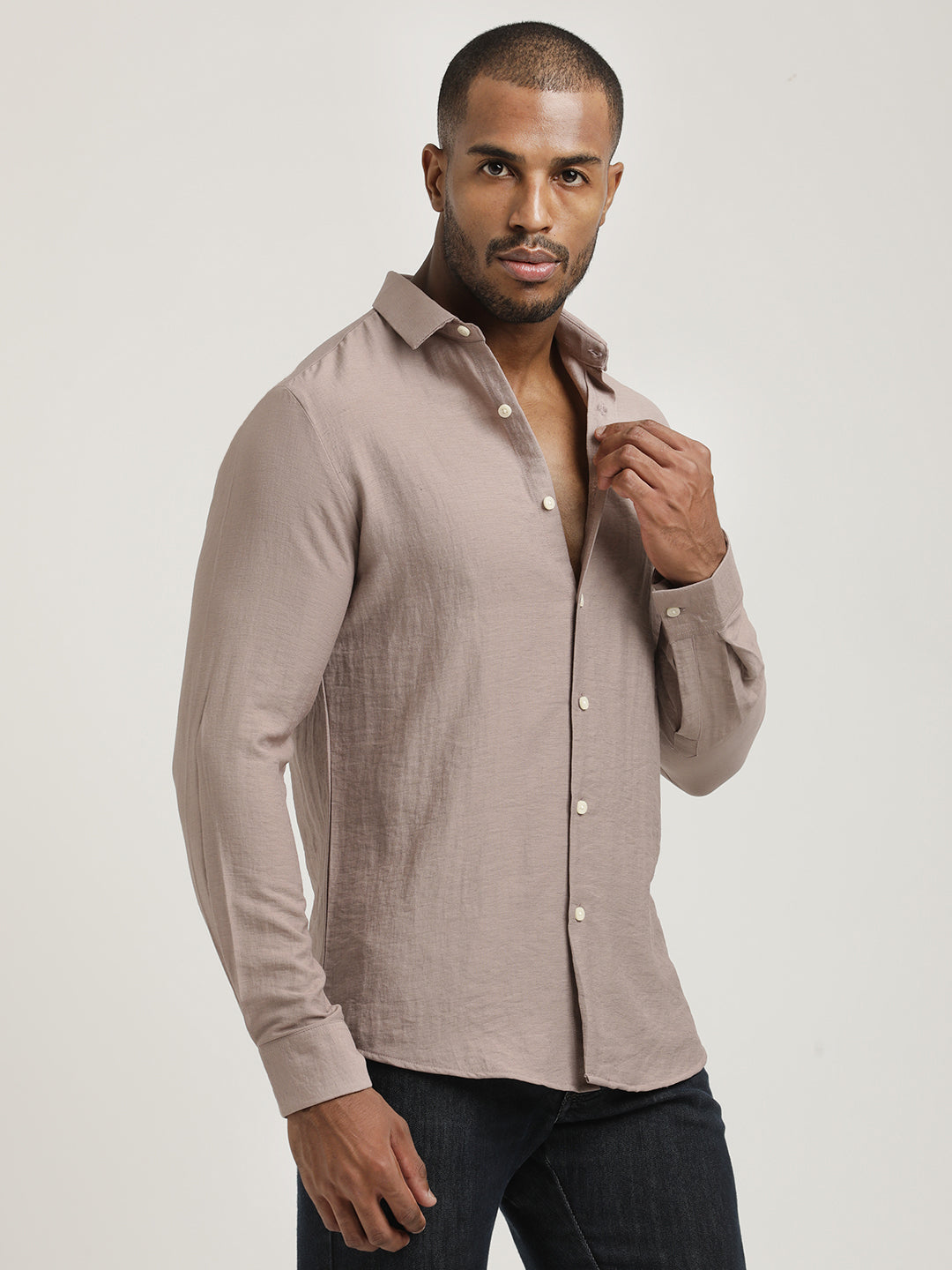 Slim Fit Nylon Shirt with Linen Look Grey