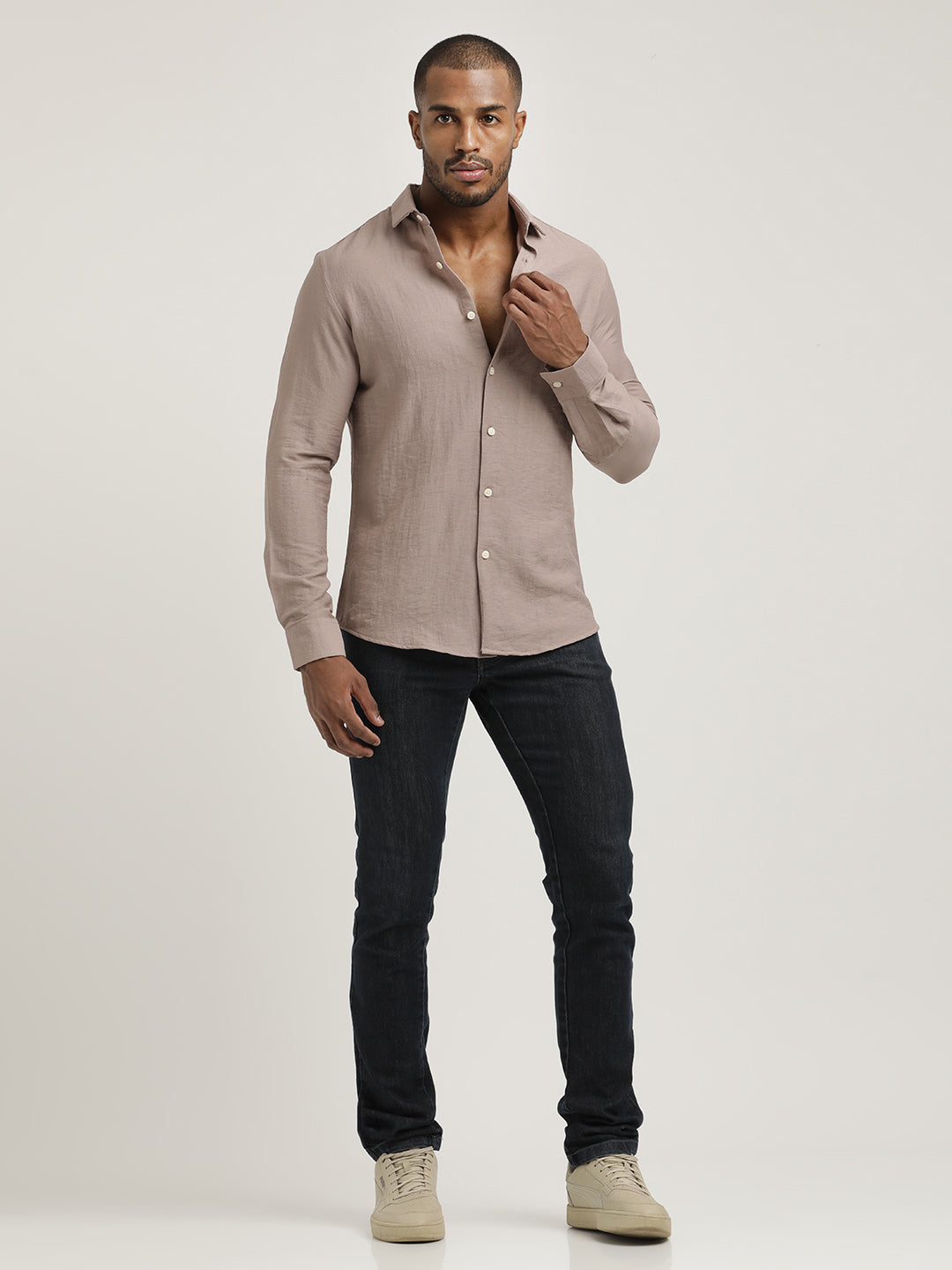 Slim Fit Nylon Shirt with Linen Look Grey