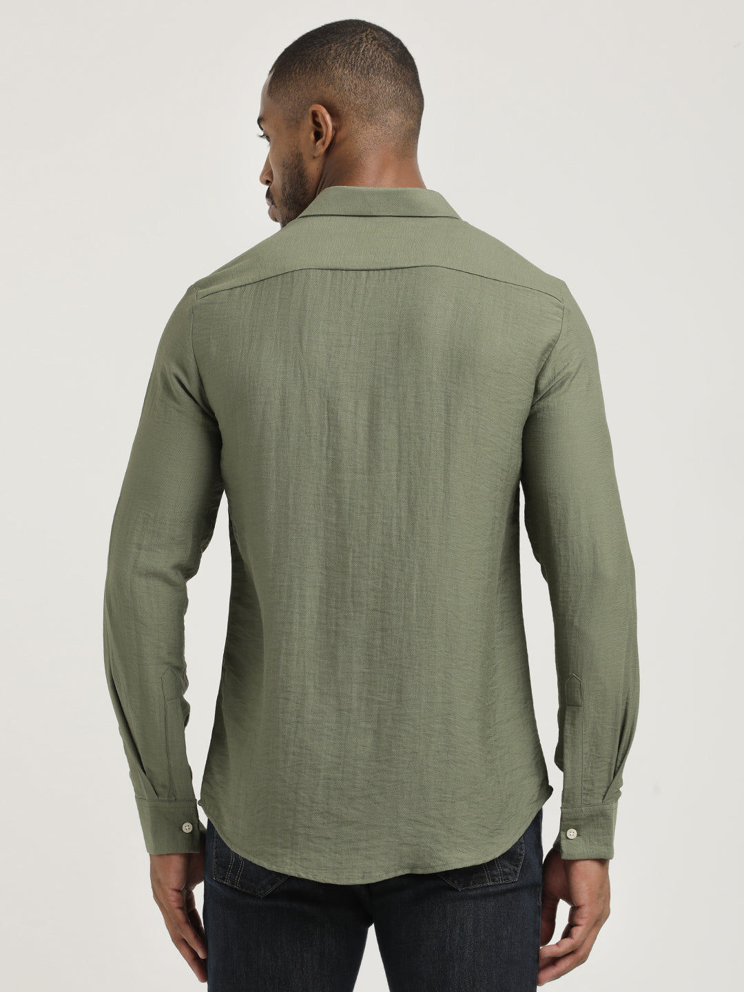 Slim Fit Nylon Shirt with Linen Look Olive