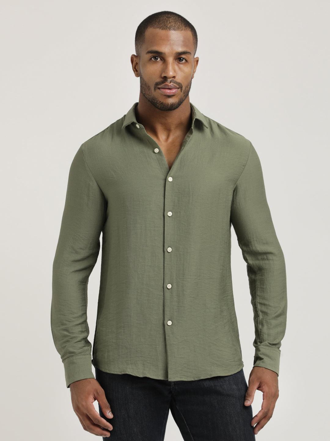 Slim Fit Nylon Shirt with Linen Look Olive