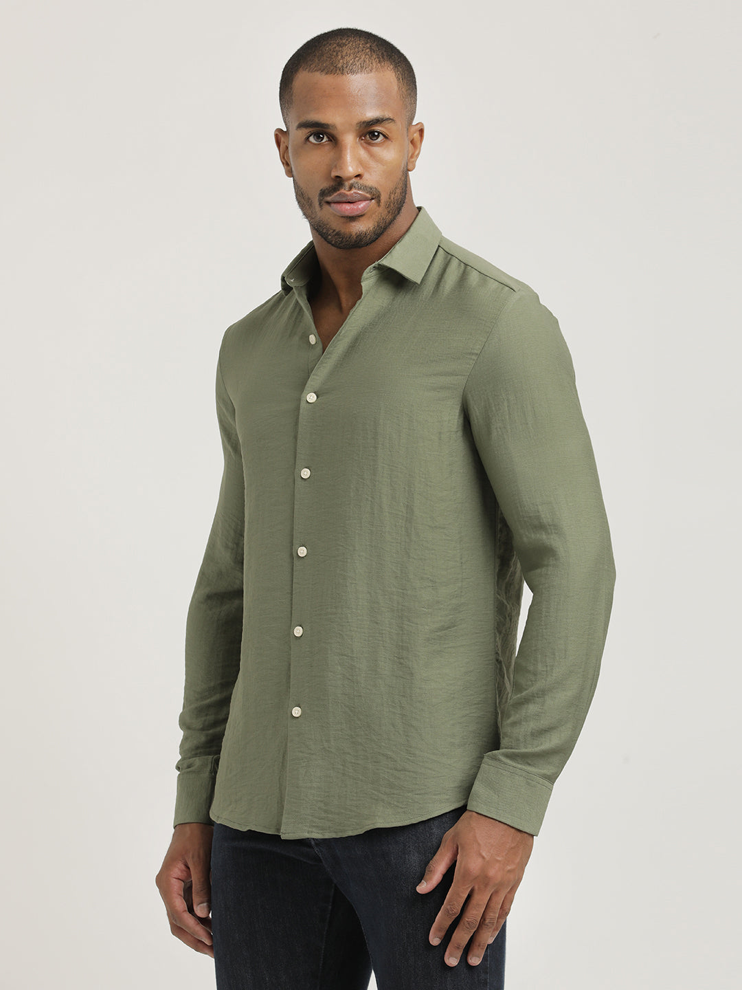 Slim Fit Nylon Shirt with Linen Look Olive
