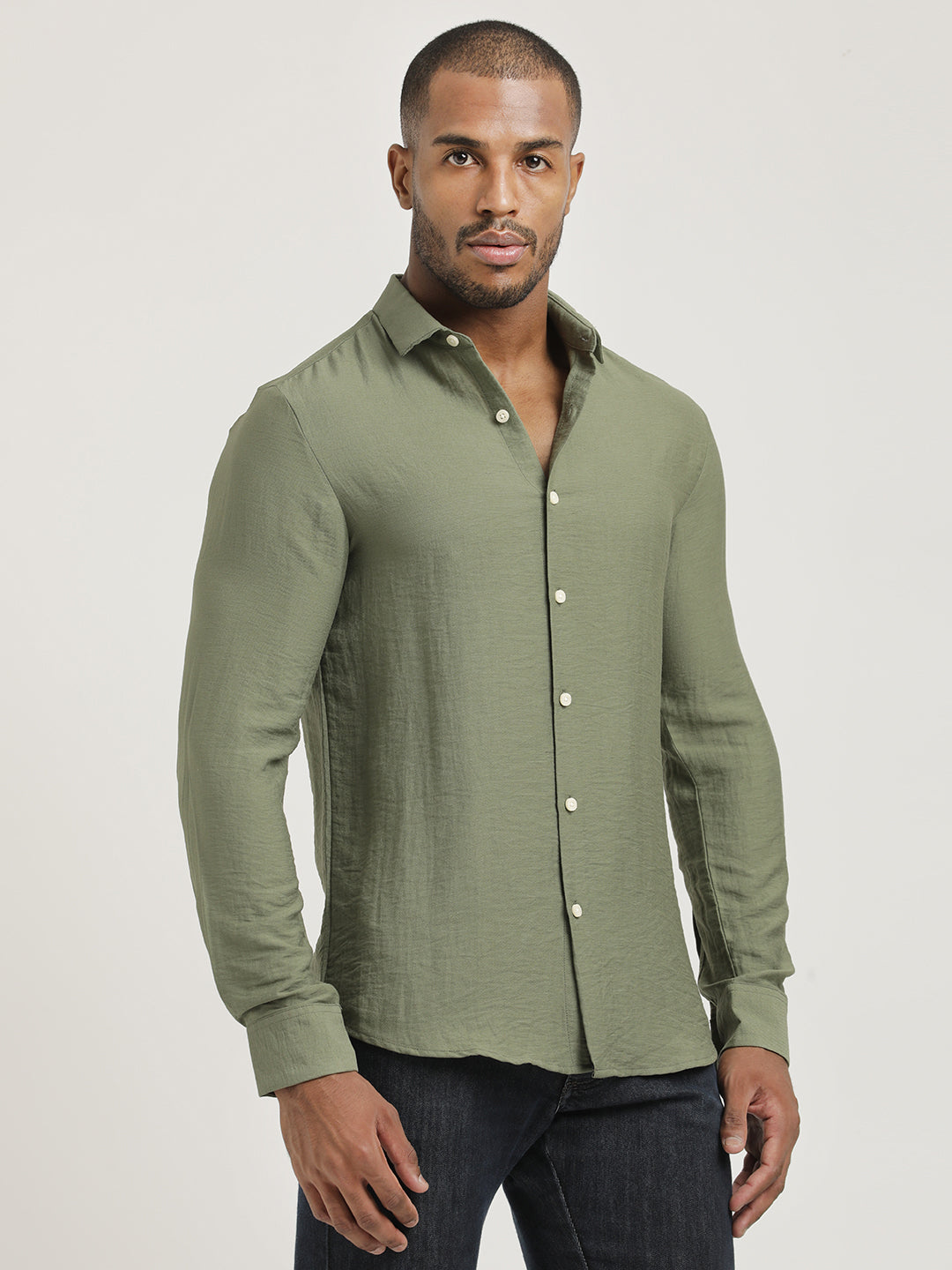 Slim Fit Nylon Shirt with Linen Look Olive