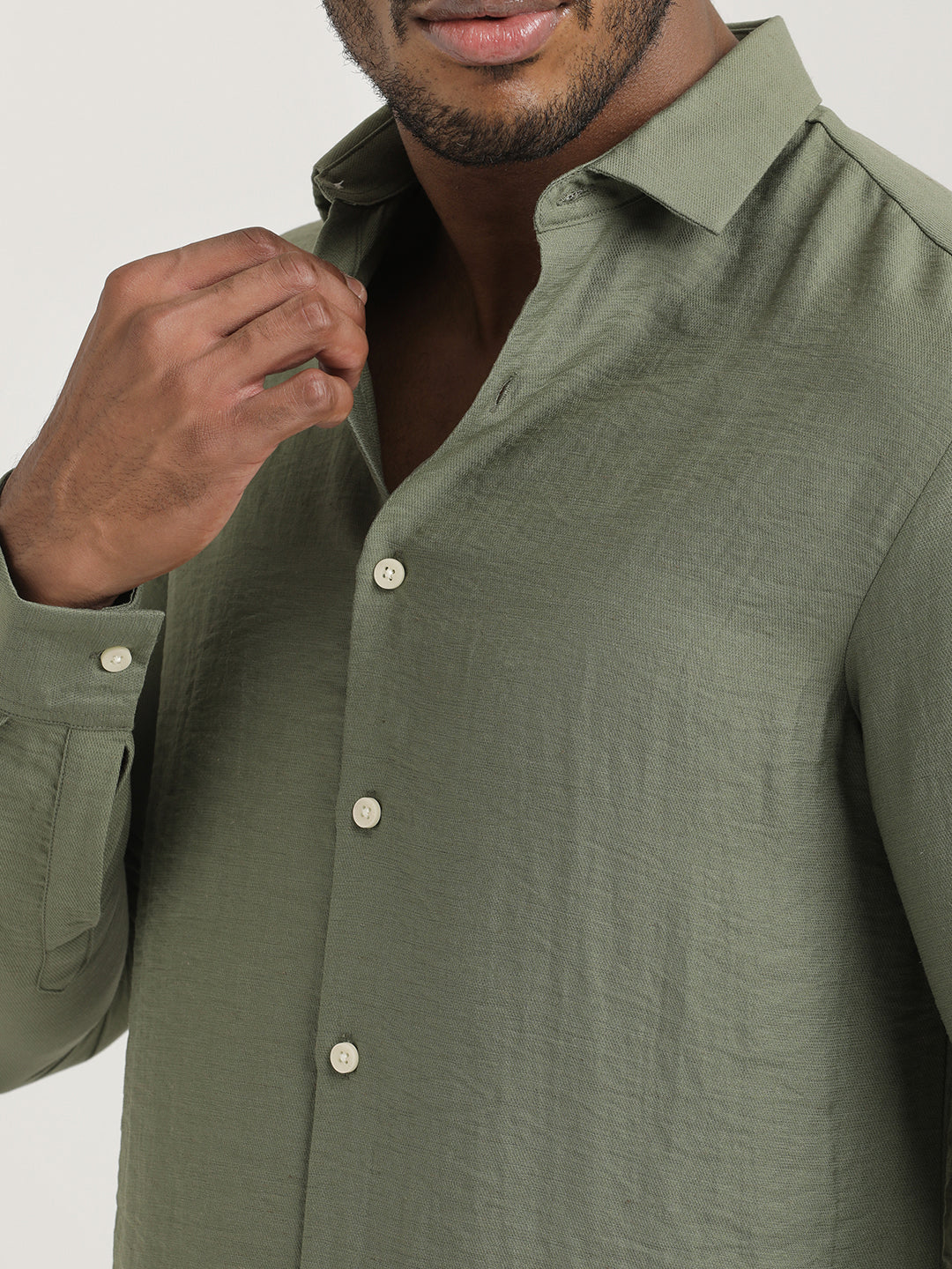 Slim Fit Nylon Shirt with Linen Look Olive