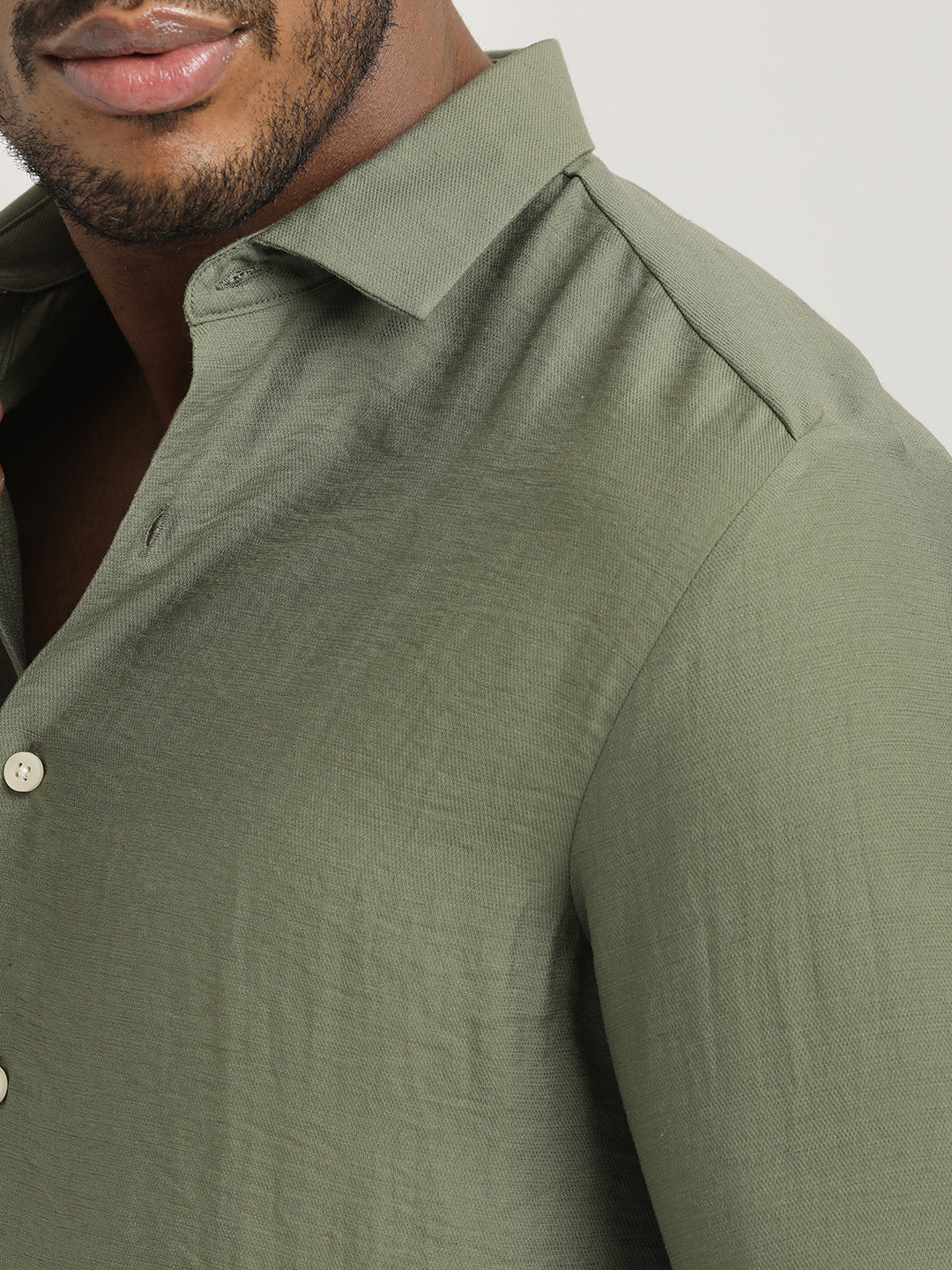 Slim Fit Nylon Shirt with Linen Look Olive