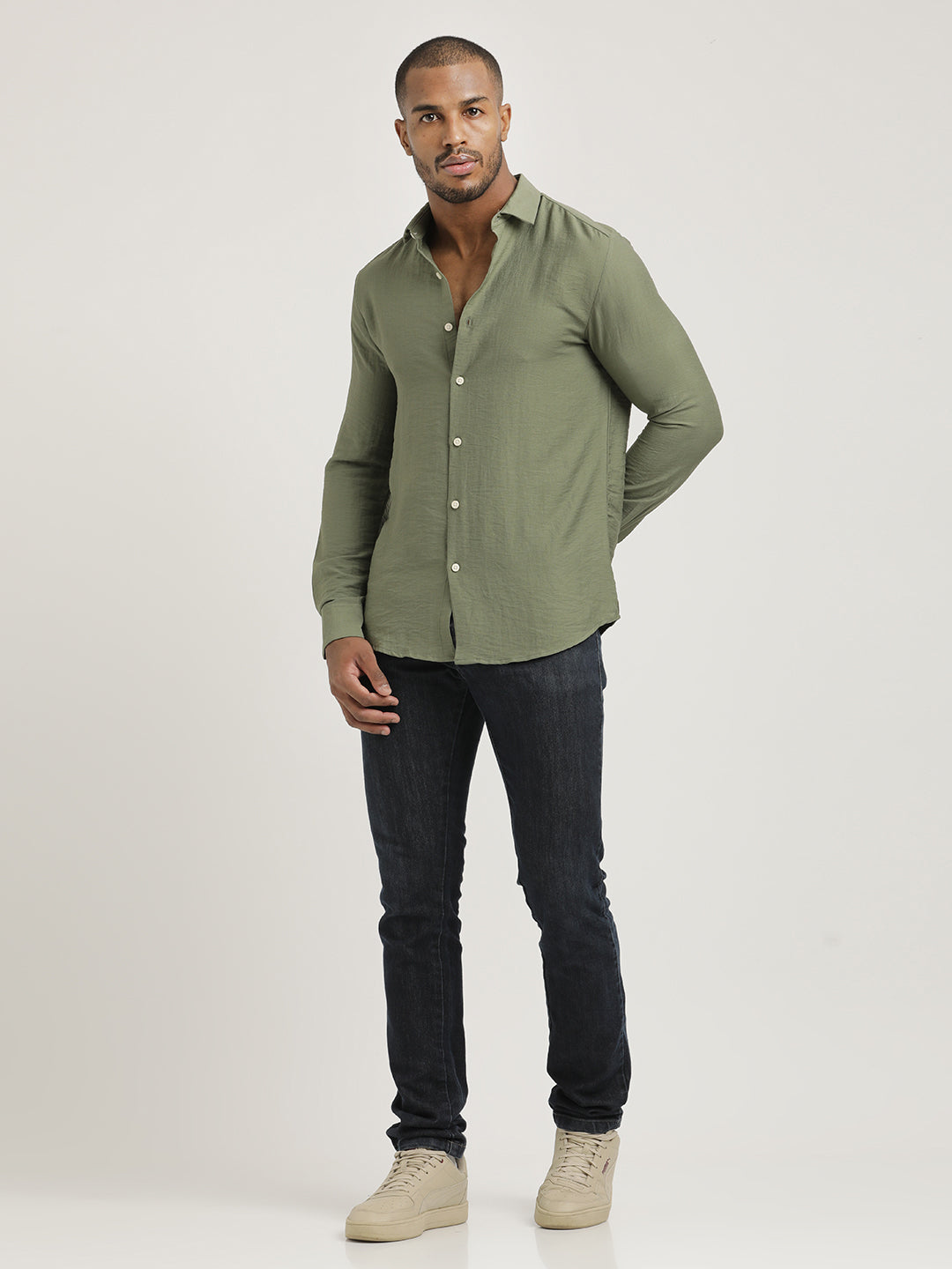Slim Fit Nylon Shirt with Linen Look Olive