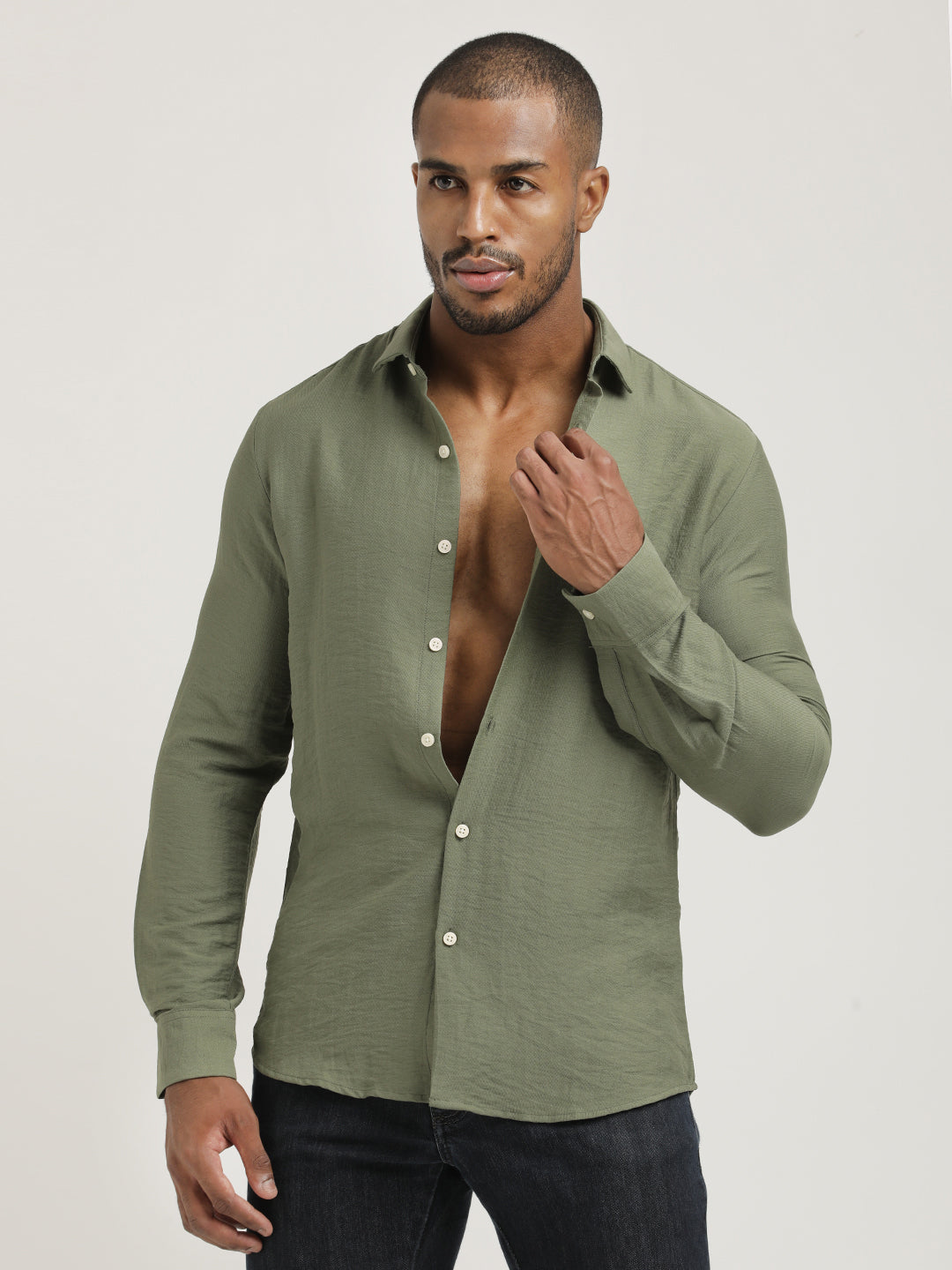 Slim Fit Nylon Shirt with Linen Look Olive