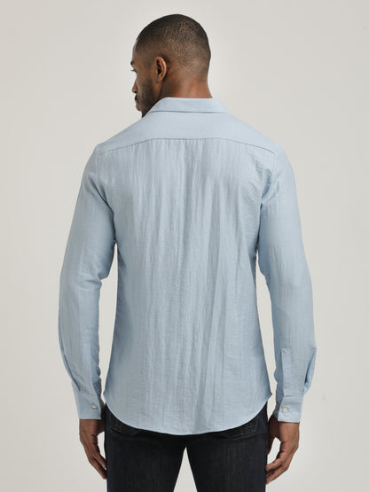 Slim Fit Nylon Shirt with Linen Look Sky Blue