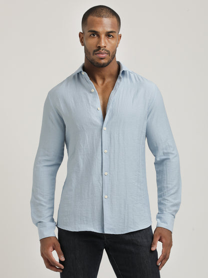 Slim Fit Nylon Shirt with Linen Look Sky Blue